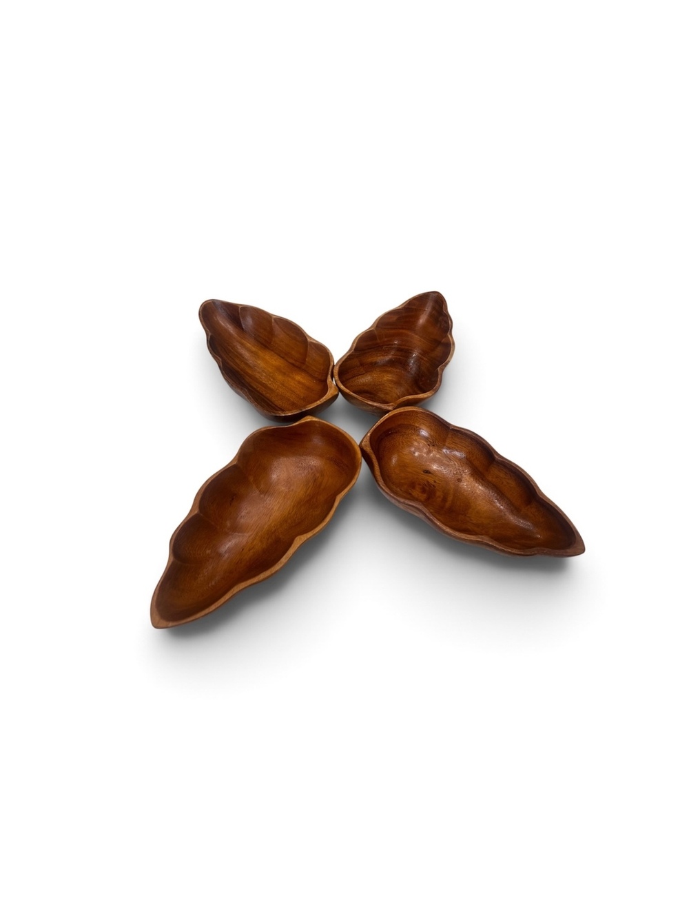 Vintage Monkey Pod Wood Leaf Shaped Snack Bowls Set of 4 – 1970s Inscribed